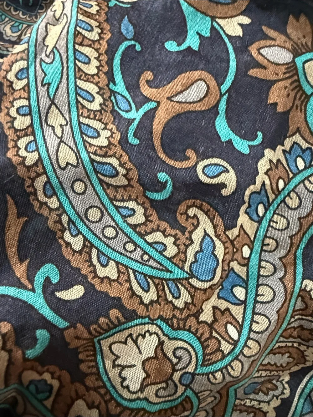 Zara Vintage Navy Paisley Floral Silk Scarf 🧣 with Teal and Tan Accents 25” Sq